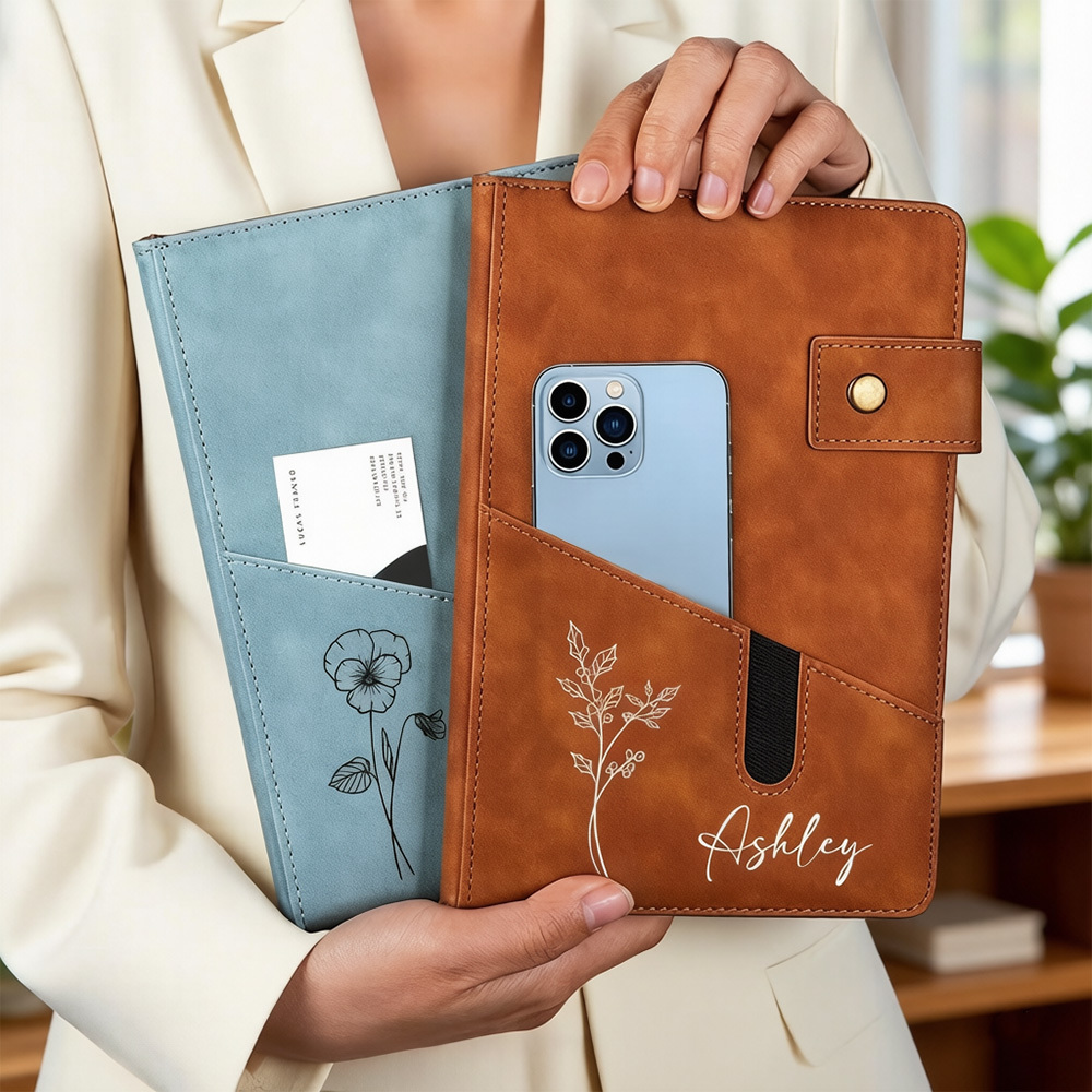 Personalized Birth Flower A5 Notebook with Custom Name, PU Leather Journal with Phone Pocket and Lined Pages, Gift for Women
