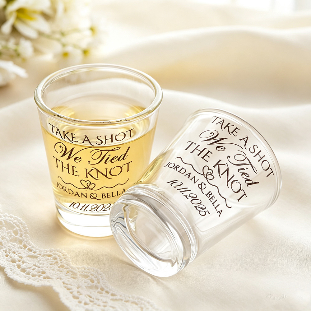 Personalized "Tie the Knot" Themed Shot Glasses (Includes Names, Set of 2) — Bachelor/Bachelorette Party and Wedding Gifts