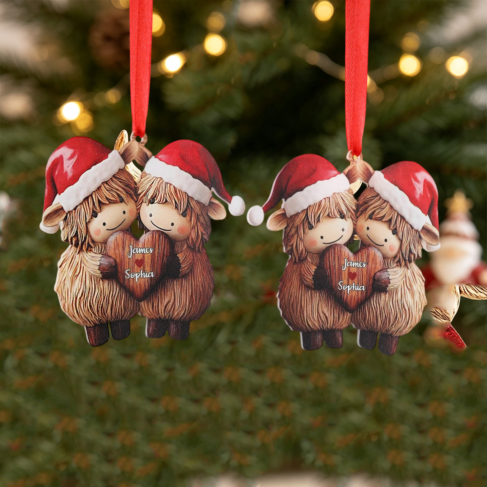 Personalized Highland Cow Couple Acrylic Ornament with Two Names, Heart Christmas Tree Decoration, Valentine’s Day Anniversary Gift for Couples