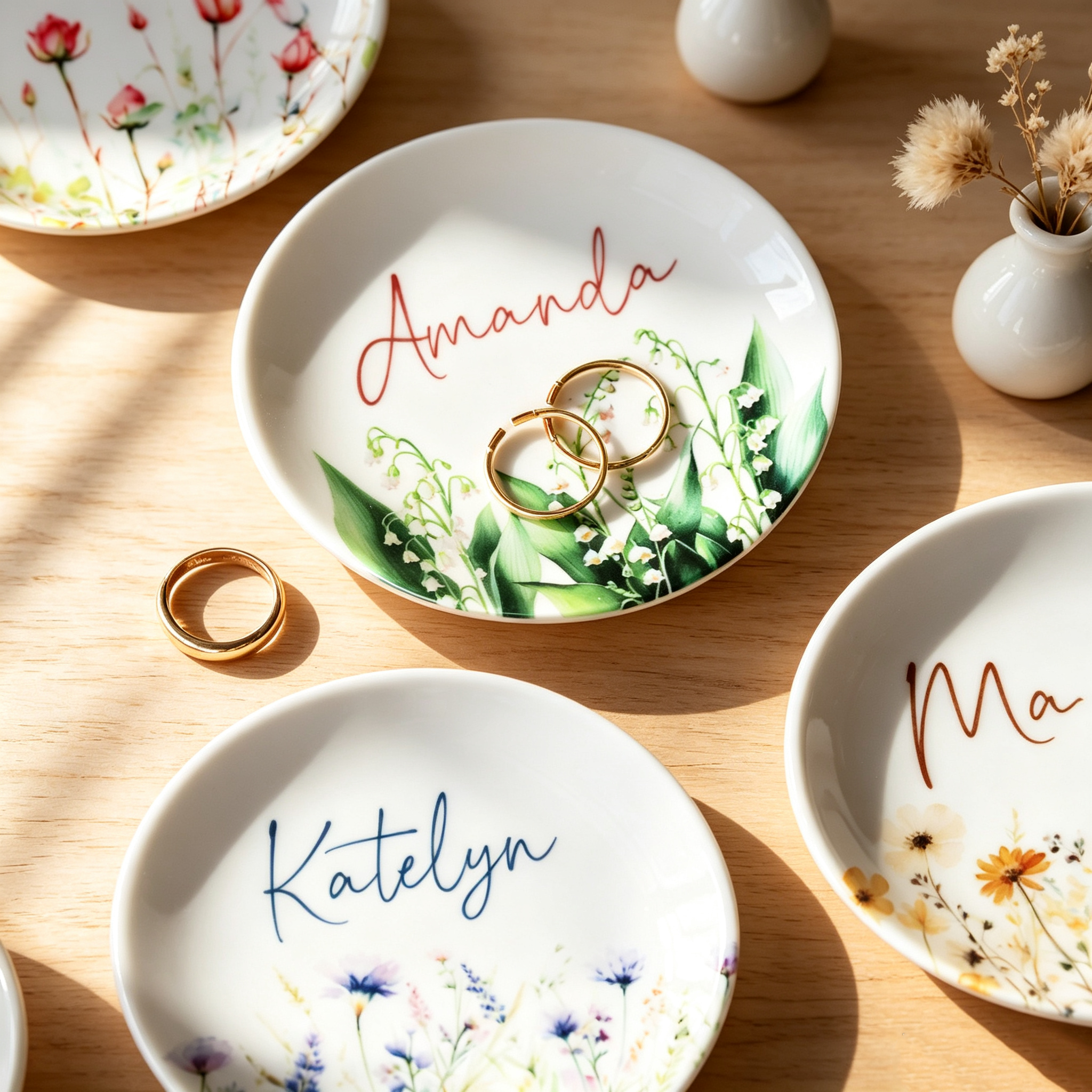Personalized Birth Flower Jewelry Dish with Name, Custom Ceramic Ring Holder, Gift for Her