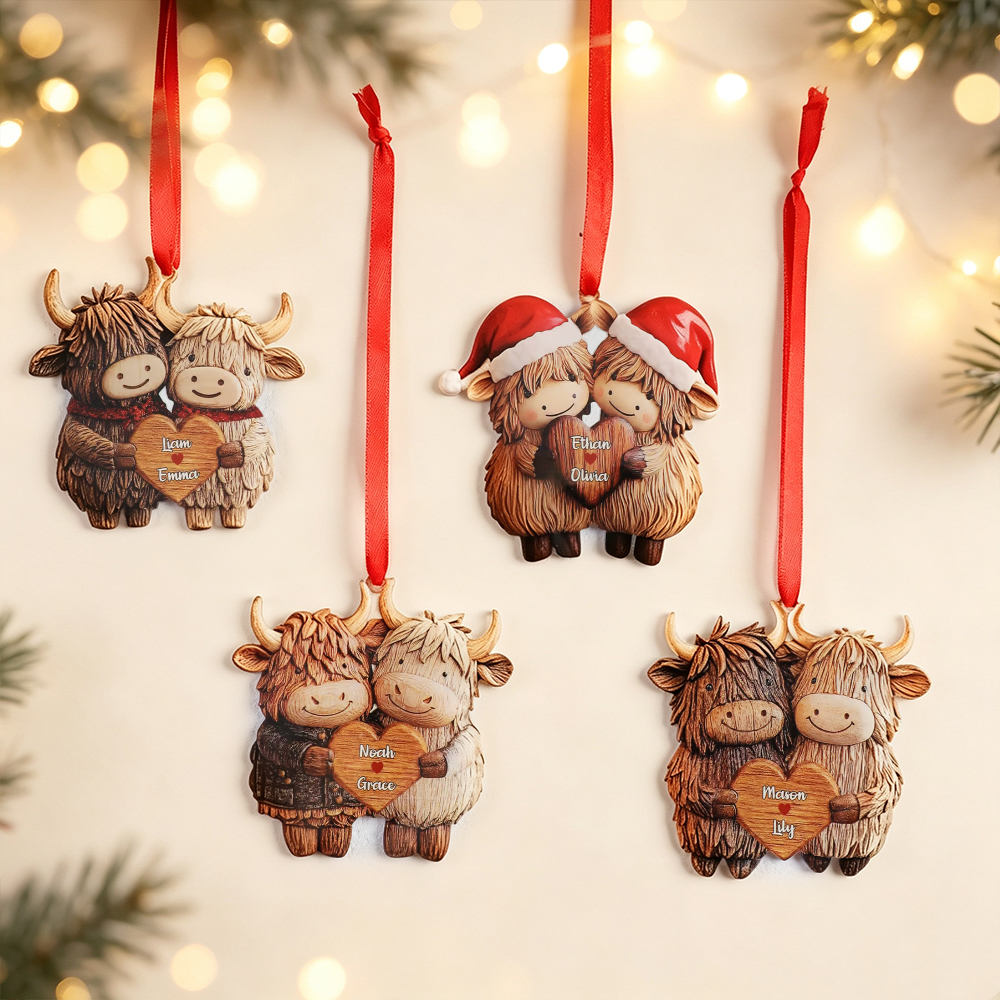 Personalized Highland Cow Couple Acrylic Ornament with Two Names, Heart Christmas Tree Decoration, Valentine’s Day Anniversary Gift for Couples