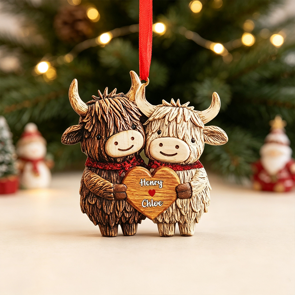 Personalized Highland Cow Couple Acrylic Ornament with Two Names, Heart Christmas Tree Decoration, Valentine’s Day Anniversary Gift for Couples