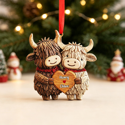 Personalized Highland Cow Couple Acrylic Ornament with Two Names, Heart Christmas Tree Decoration, Valentine’s Day Anniversary Gift for Couples