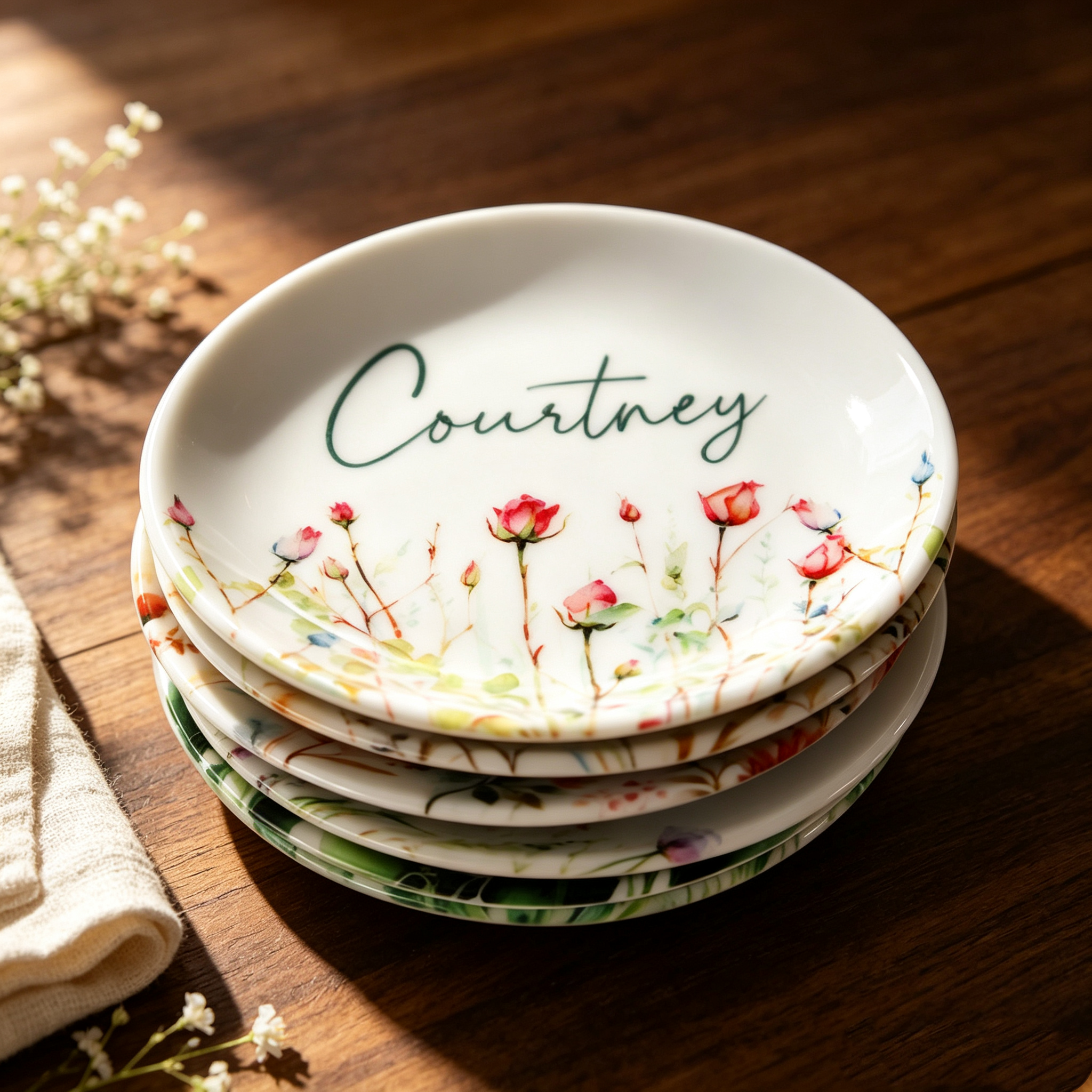 Personalized Birth Flower Jewelry Dish with Name, Custom Ceramic Ring Holder, Gift for Her