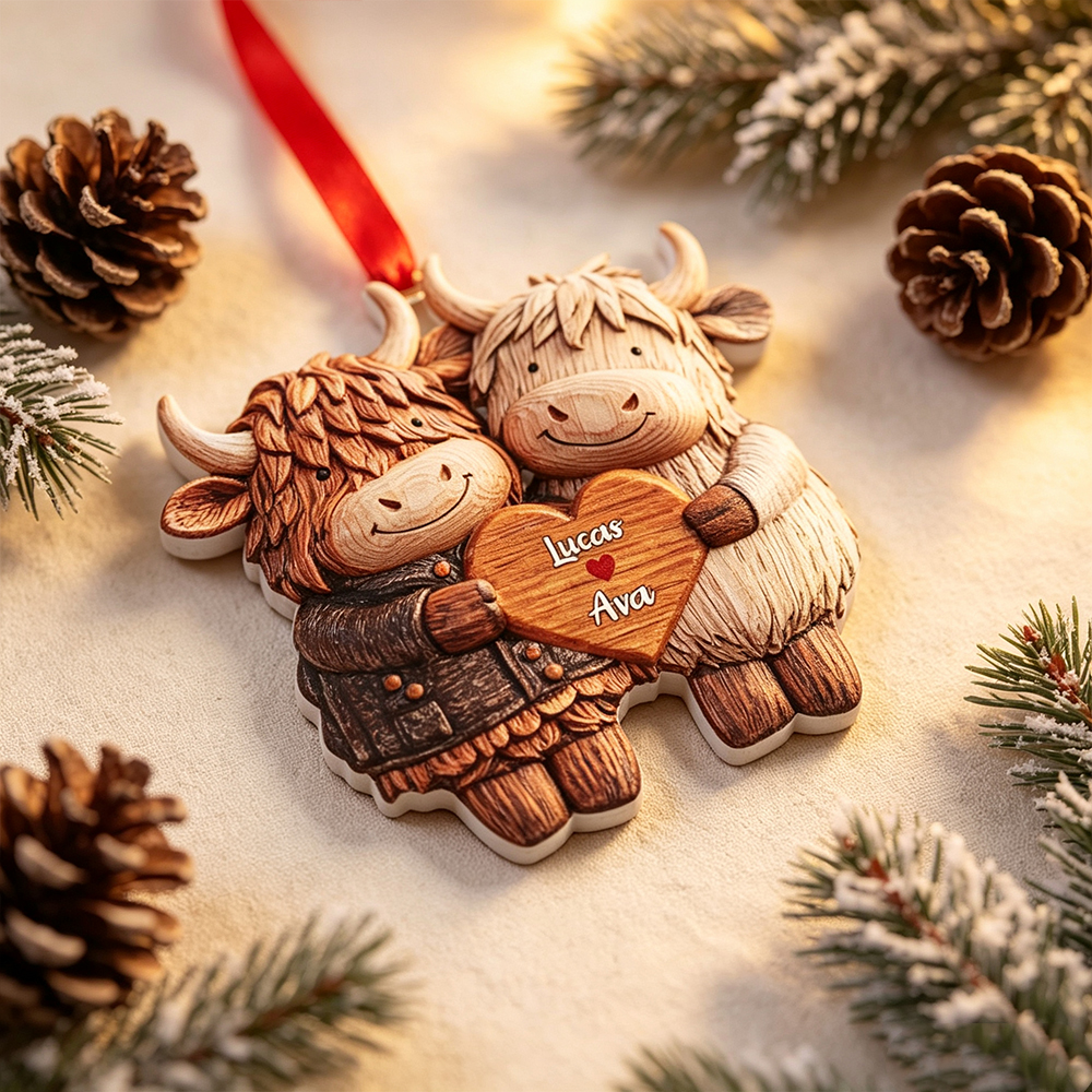 Personalized Highland Cow Couple Acrylic Ornament with Two Names, Heart Christmas Tree Decoration, Valentine’s Day Anniversary Gift for Couples