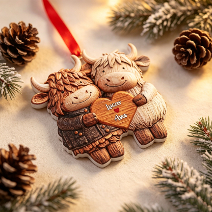 Personalized Highland Cow Couple Acrylic Ornament with Two Names, Heart Christmas Tree Decoration, Valentine’s Day Anniversary Gift for Couples