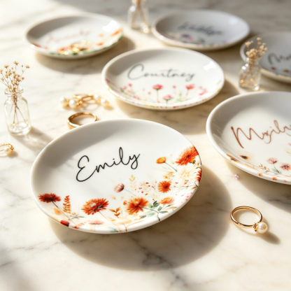Personalized Birth Flower Jewelry Dish with Name, Custom Ceramic Ring Holder, Gift for Her