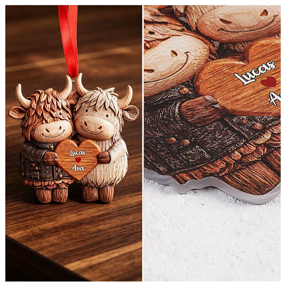 Personalized Highland Cow Couple Acrylic Ornament with Two Names, Heart Christmas Tree Decoration, Valentine’s Day Anniversary Gift for Couples