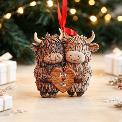 Personalized Highland Cow Couple Acrylic Ornament with Two Names, Heart Christmas Tree Decoration, Valentine’s Day Anniversary Gift for Couples