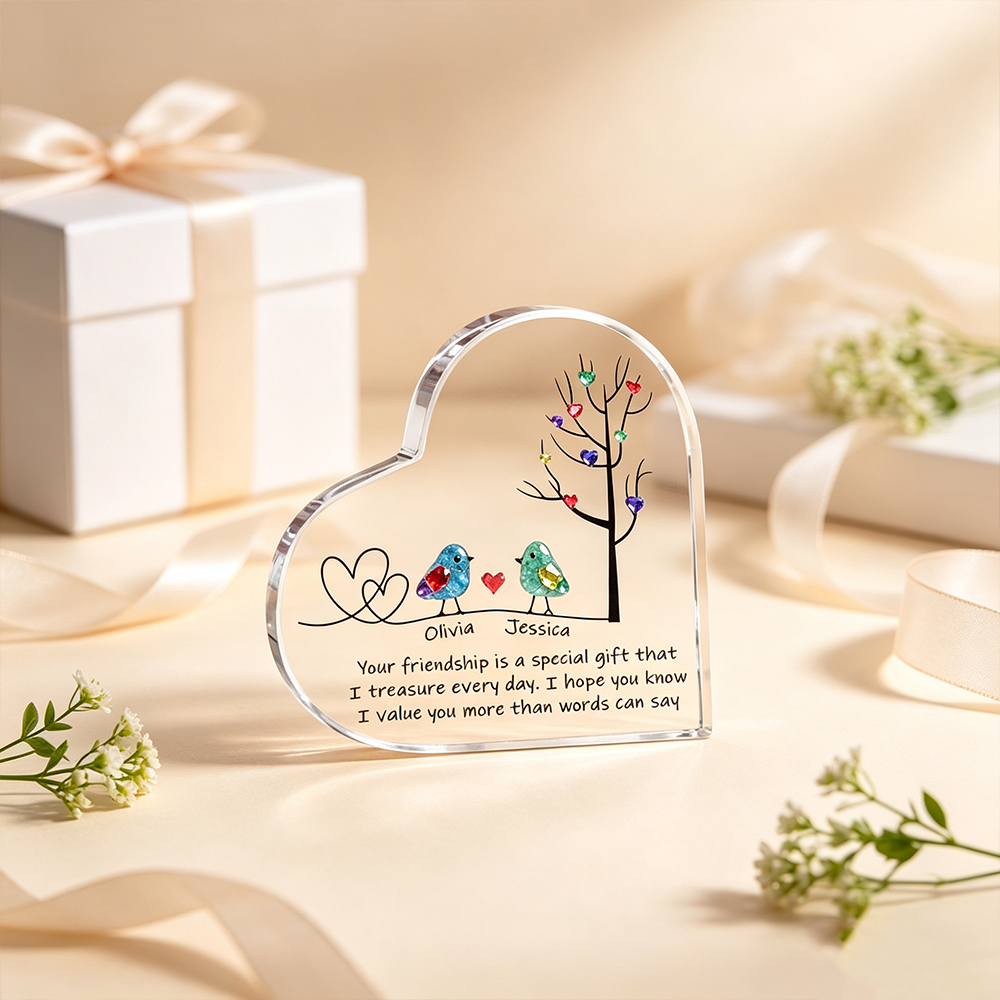 Personalized Sea Glass Birds Heart-Shaped Acrylic Plaque with Two Names, Tree of Life Friendship Desk Decor, Birthday Gift for Sisters and Best Friends
