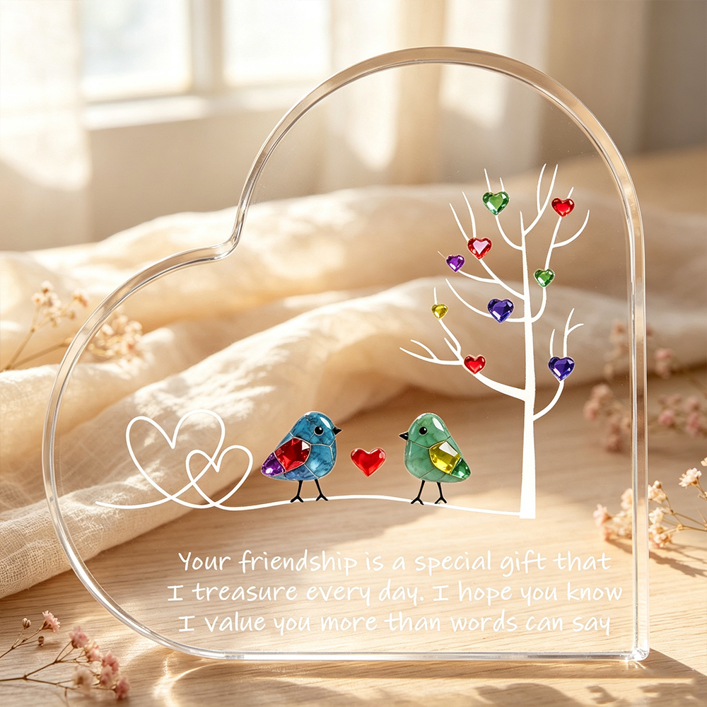 Personalized Sea Glass Birds Heart-Shaped Acrylic Plaque with Two Names, Tree of Life Friendship Desk Decor, Birthday Gift for Sisters and Best Friends