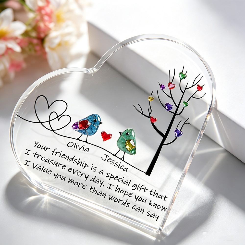 Personalized Sea Glass Birds Heart-Shaped Acrylic Plaque with Two Names, Tree of Life Friendship Desk Decor, Birthday Gift for Sisters and Best Friends