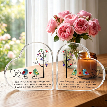 Personalized Sea Glass Birds Heart-Shaped Acrylic Plaque with Two Names, Tree of Life Friendship Desk Decor, Birthday Gift for Sisters and Best Friends