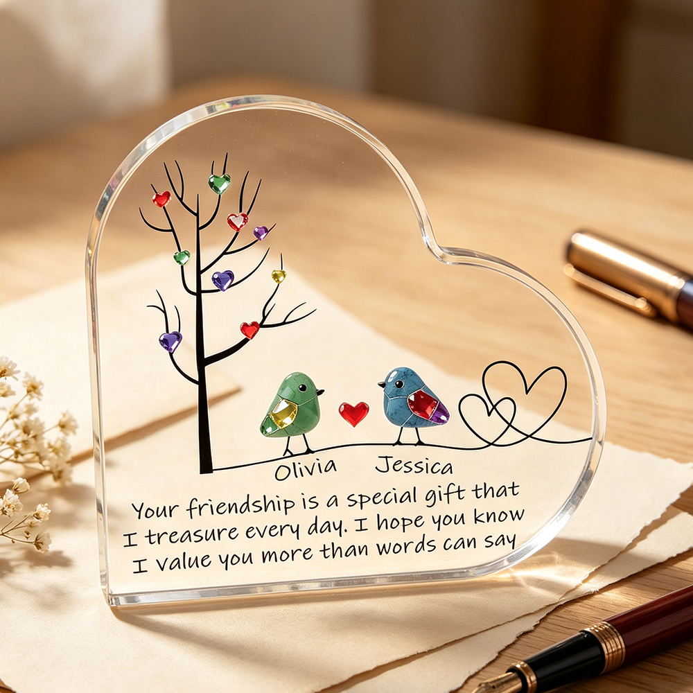 Personalized Sea Glass Birds Heart-Shaped Acrylic Plaque with Two Names, Tree of Life Friendship Desk Decor, Birthday Gift for Sisters and Best Friends