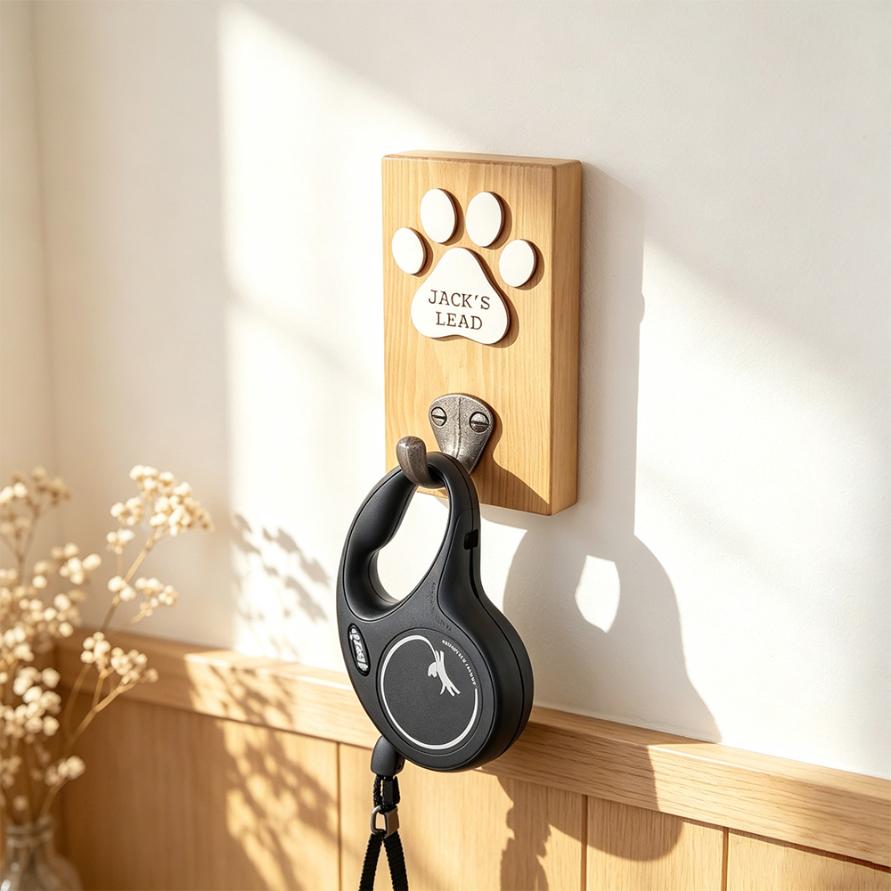 Personalized Dog Leash Holder, Custom Pet Name Wall Hook, Wooden Paw Print Dog Lead Rack, Dog Mom Gift, Pet Lover Home Decor