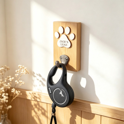 Personalized Dog Leash Holder, Custom Pet Name Wall Hook, Wooden Paw Print Dog Lead Rack, Dog Mom Gift, Pet Lover Home Decor