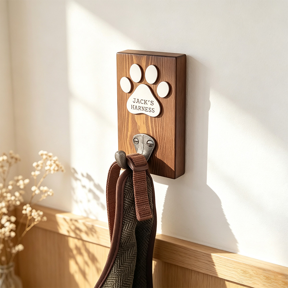 Personalized Dog Leash Holder, Custom Pet Name Wall Hook, Wooden Paw Print Dog Lead Rack, Dog Mom Gift, Pet Lover Home Decor