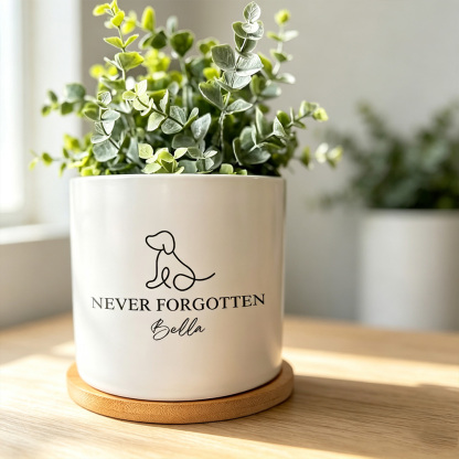Personalized Pet Memorial Ceramic Planter Pot with Name and Paw Print Design, Succulent Flower Pot with Bamboo Base, Sympathy Gift for Dog Cat Lovers
