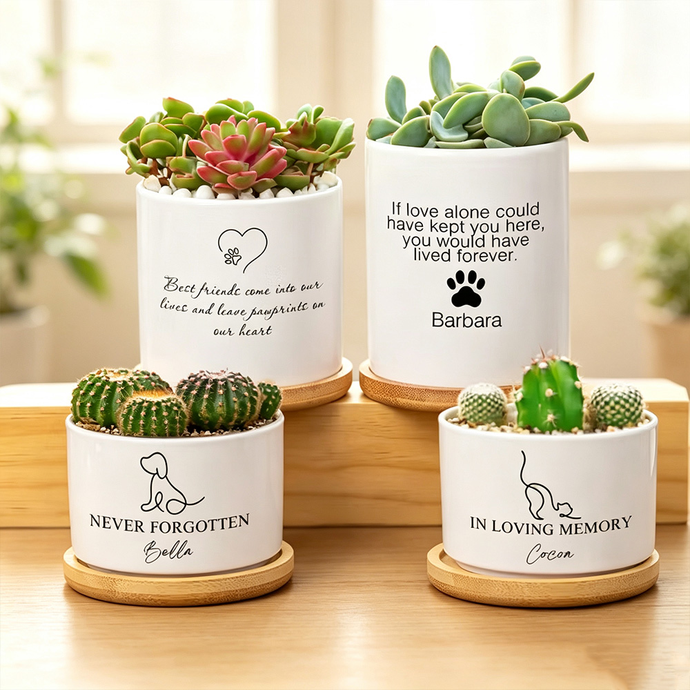 Personalized Pet Memorial Ceramic Planter Pot with Name and Paw Print Design, Succulent Flower Pot with Bamboo Base, Sympathy Gift for Dog Cat Lovers