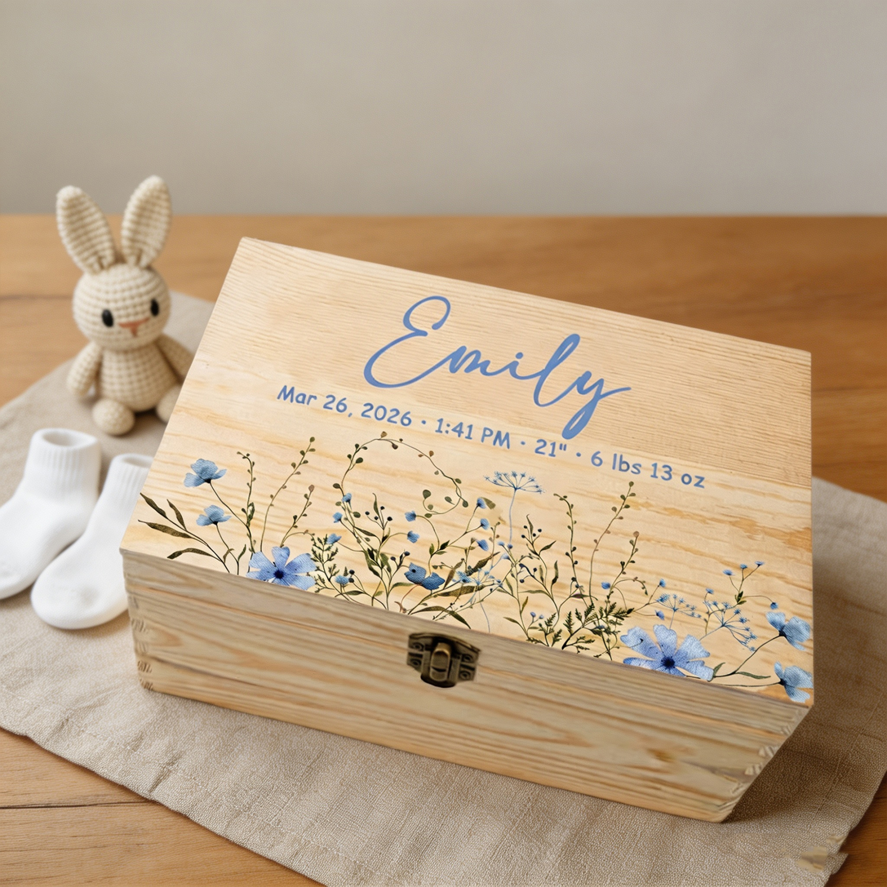 Personalized Baby Memory Box with Name and Birth Details, Wildflower Wooden Keepsake Box, Newborn Baby Shower Gift for New Parents