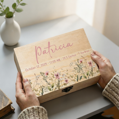 Personalized Baby Memory Box with Name and Birth Details, Wildflower Wooden Keepsake Box, Newborn Baby Shower Gift for New Parents