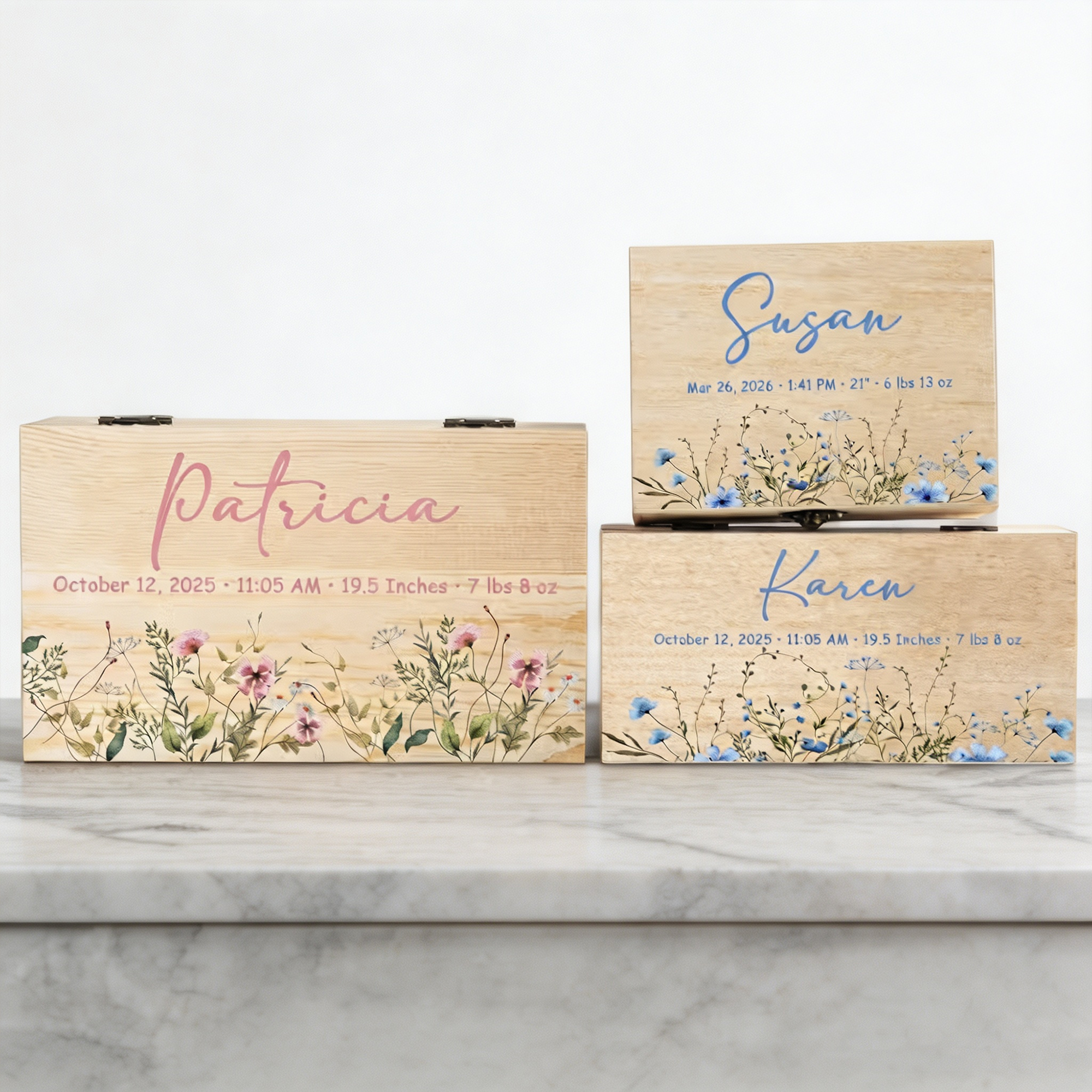 Personalized Baby Memory Box with Name and Birth Details, Wildflower Wooden Keepsake Box, Newborn Baby Shower Gift for New Parents