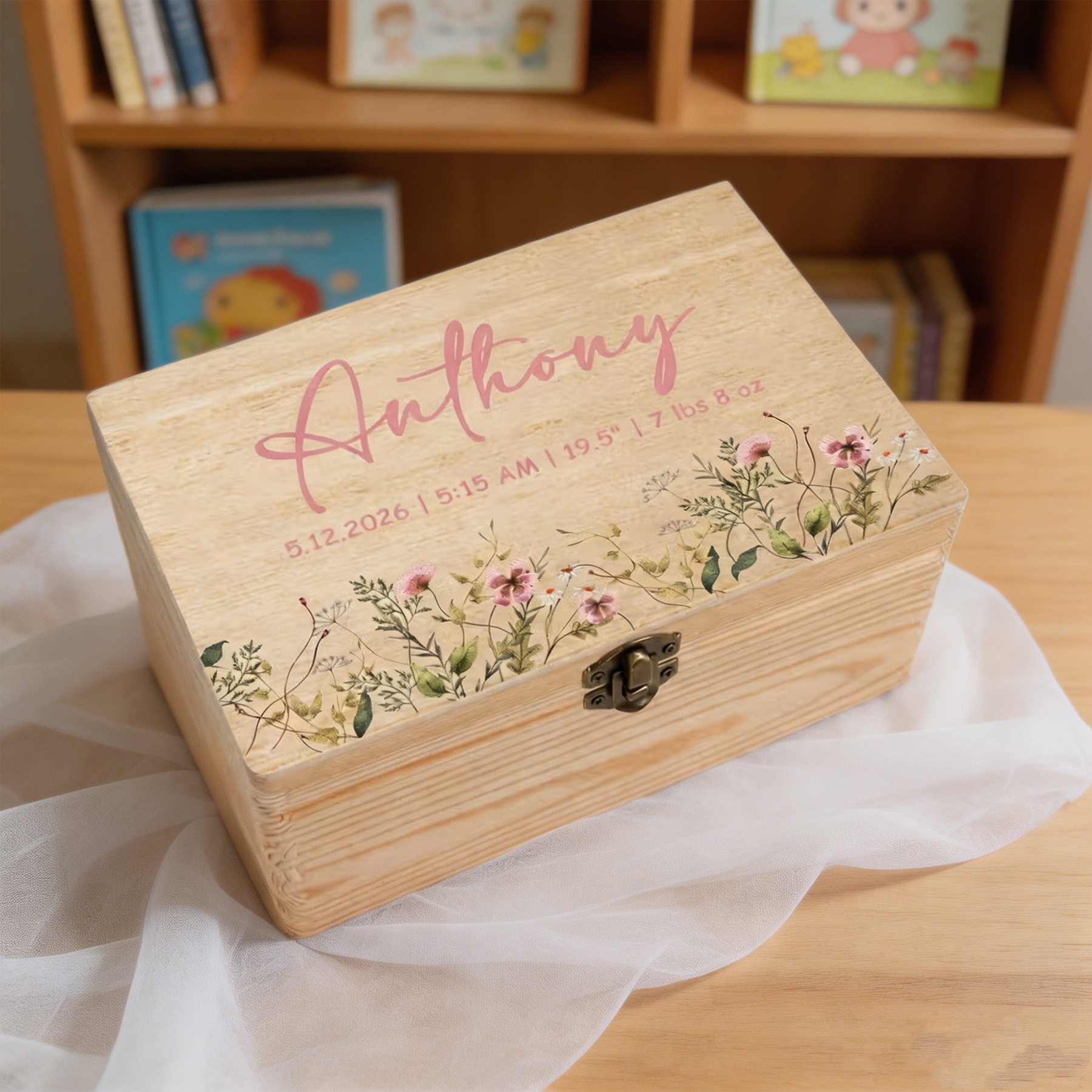Personalized Baby Memory Box with Name and Birth Details, Wildflower Wooden Keepsake Box, Newborn Baby Shower Gift for New Parents