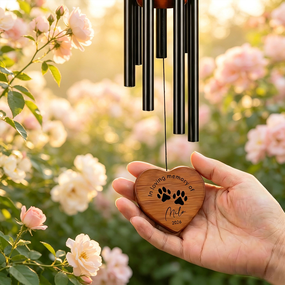 Personalized Pet Memorial Wind Chime with Paw Print, Custom Name and Year Wooden Hanging Decor, Sympathy Remembrance Gift for Dog and Cat Lovers