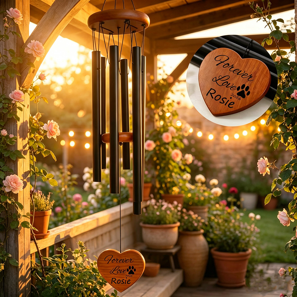Personalized Pet Memorial Wind Chime with Paw Print, Custom Name and Year Wooden Hanging Decor, Sympathy Remembrance Gift for Dog and Cat Lovers