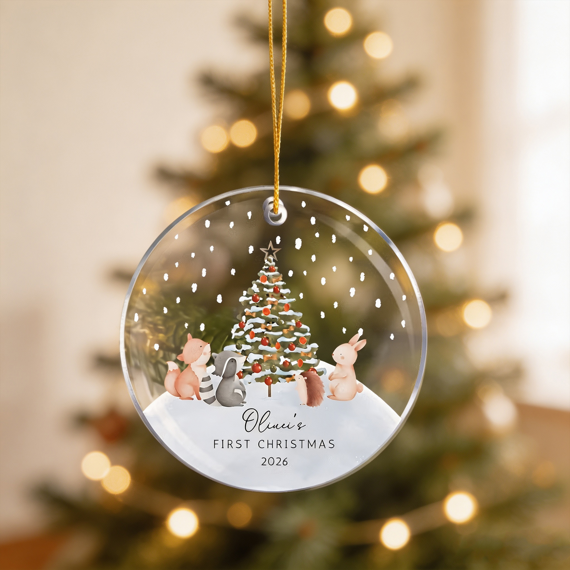 Personalized Baby’s First Christmas Acrylic Ornament with Name and Year, Cute Animal Christmas Tree Decoration, Newborn Baby Shower Holiday Gift