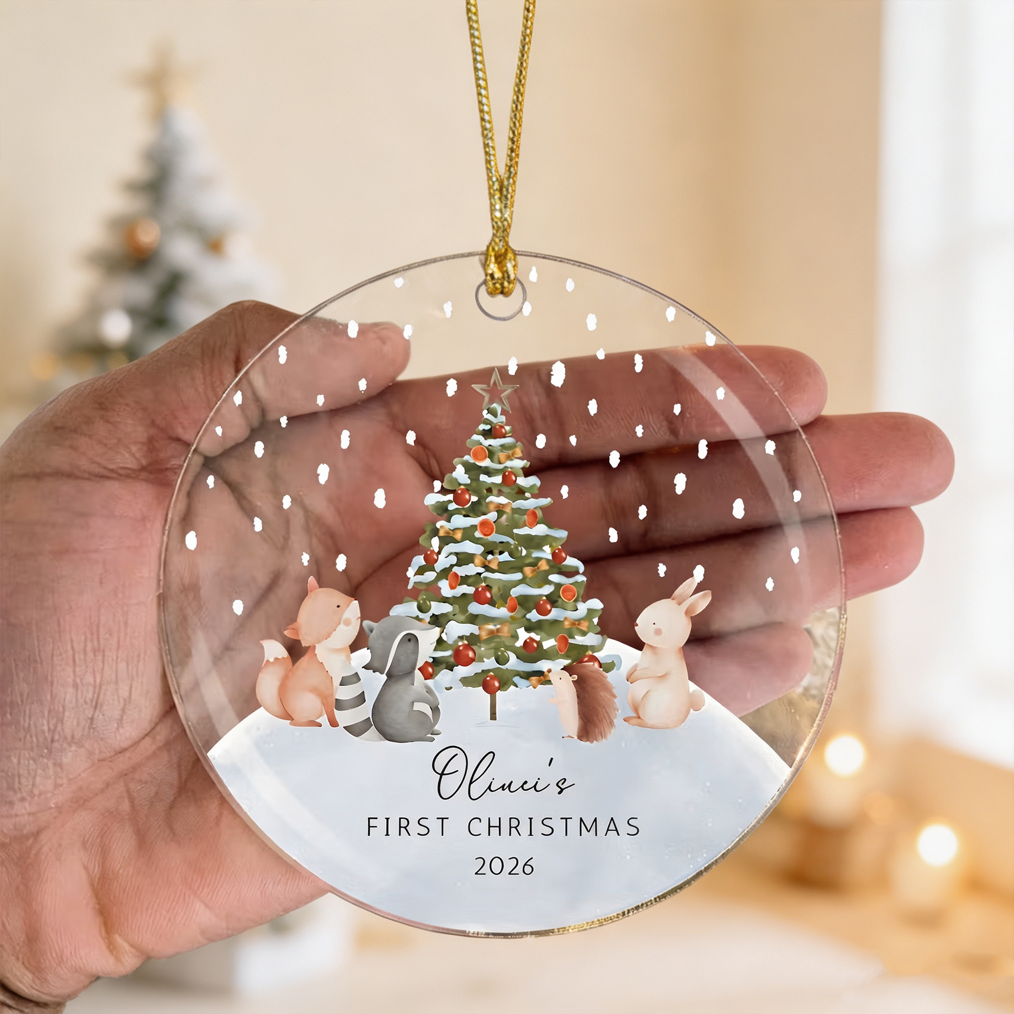 Personalized Baby’s First Christmas Acrylic Ornament with Name and Year, Cute Animal Christmas Tree Decoration, Newborn Baby Shower Holiday Gift