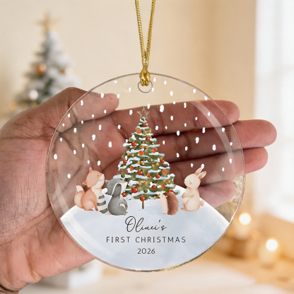 Personalized Baby’s First Christmas Acrylic Ornament with Name and Year, Cute Animal Christmas Tree Decoration, Newborn Baby Shower Holiday Gift