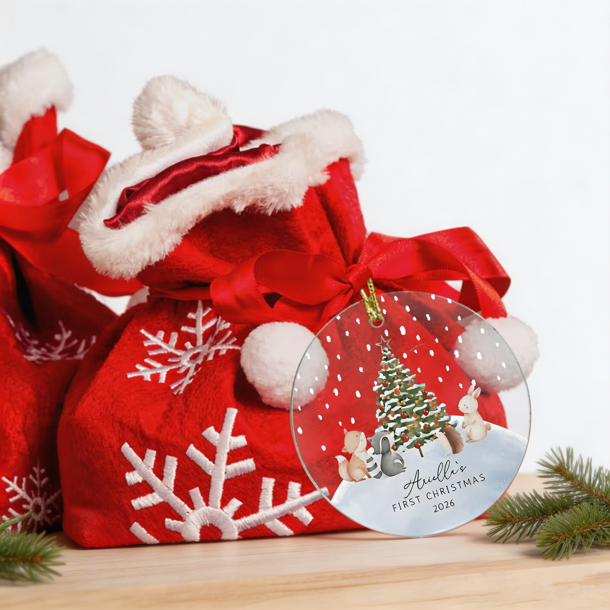Personalized Baby’s First Christmas Acrylic Ornament with Name and Year, Cute Animal Christmas Tree Decoration, Newborn Baby Shower Holiday Gift