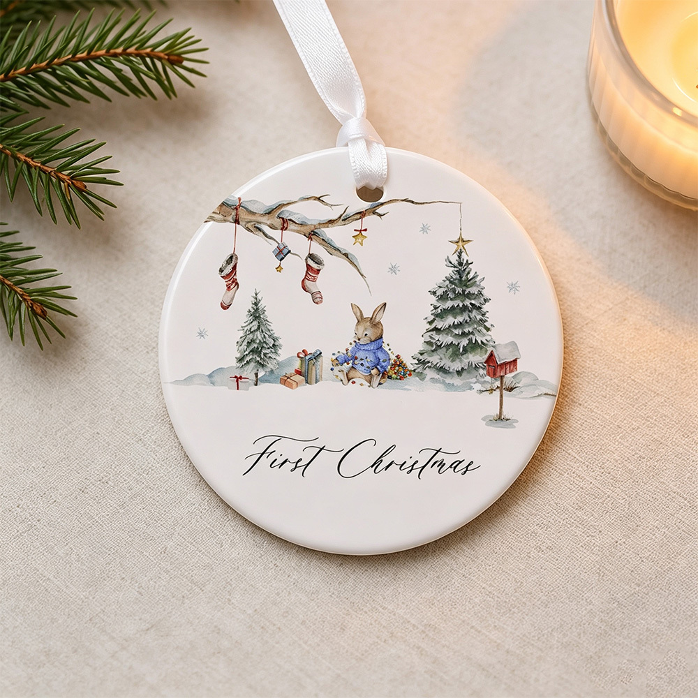 Personalized Baby’s First Christmas Ornament, Custom Ceramic Christmas Tree Ornament with Name & Year, Newborn Keepsake Holiday Gift, Family Christmas Decoration