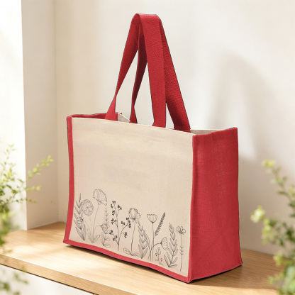 Personalized Jute Tote Bag, Custom Name Floral Canvas Shopping Bag, Large Reusable Eco Friendly Tote, Personalized Gift for Women