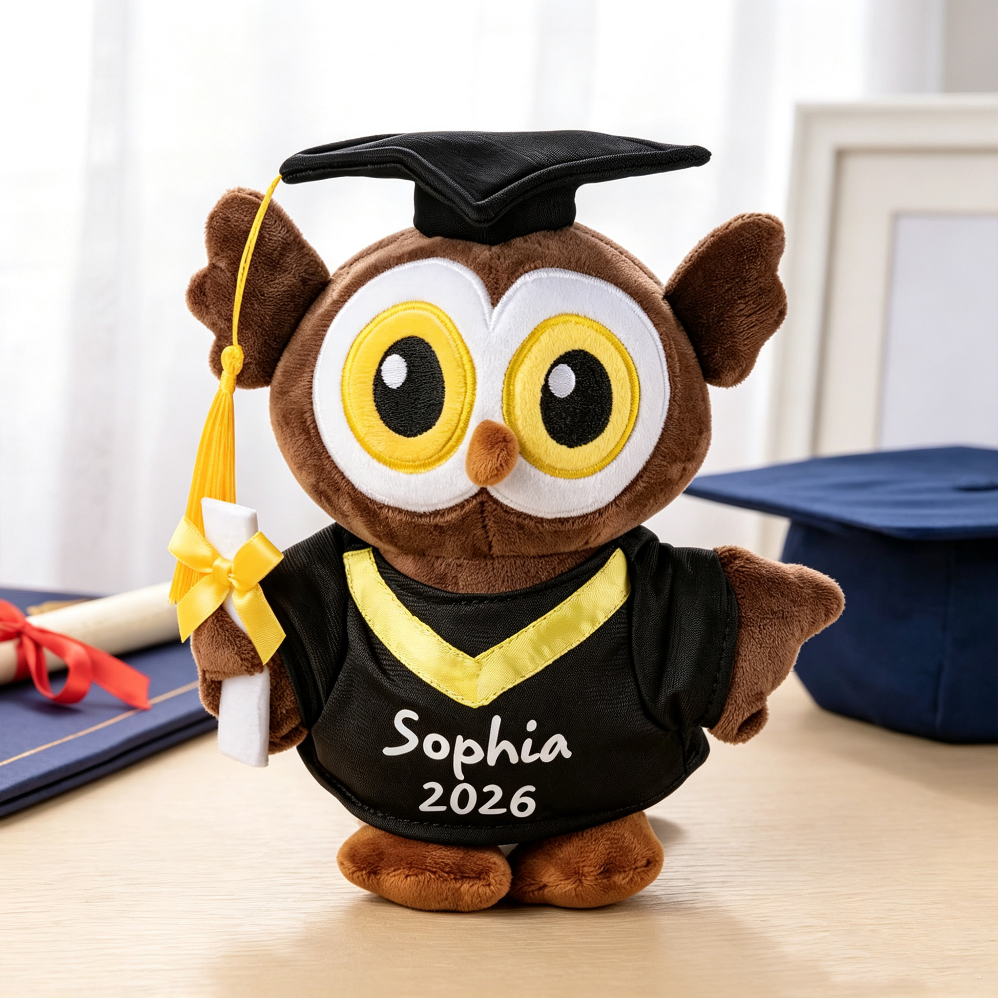 Personalized Graduation Owl Plush Toy with Custom Name and Year, Cap and Gown Keepsake Gift for Graduates