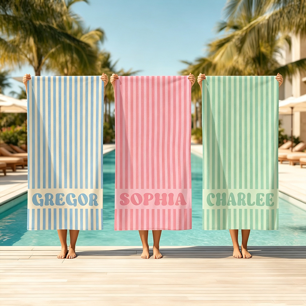 Personalized Groovy Striped Beach Towel with Name, Custom Bachelorette Party Gift for Bridesmaids