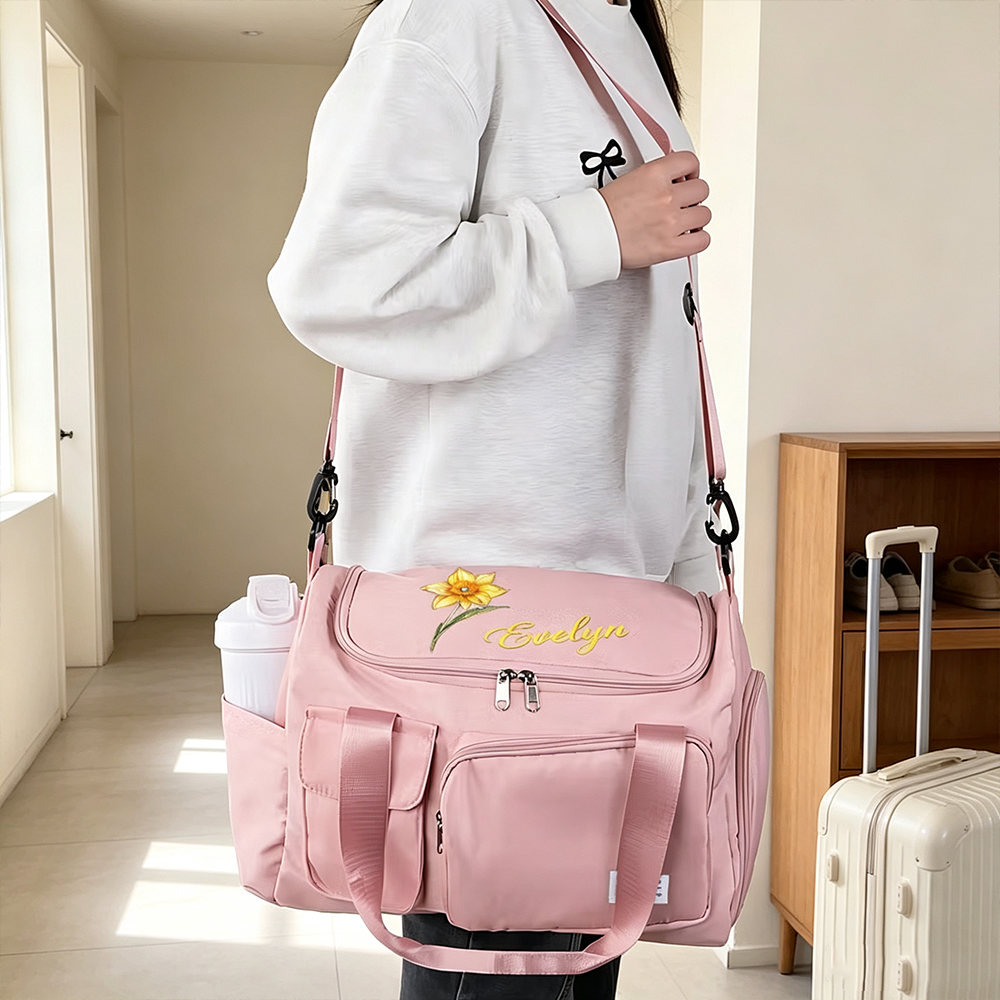 Personalized Birth Flower Travel Duffel Bag with Custom Name, Large Capacity Nylon Weekender Bag for Gym and Overnight Trips
