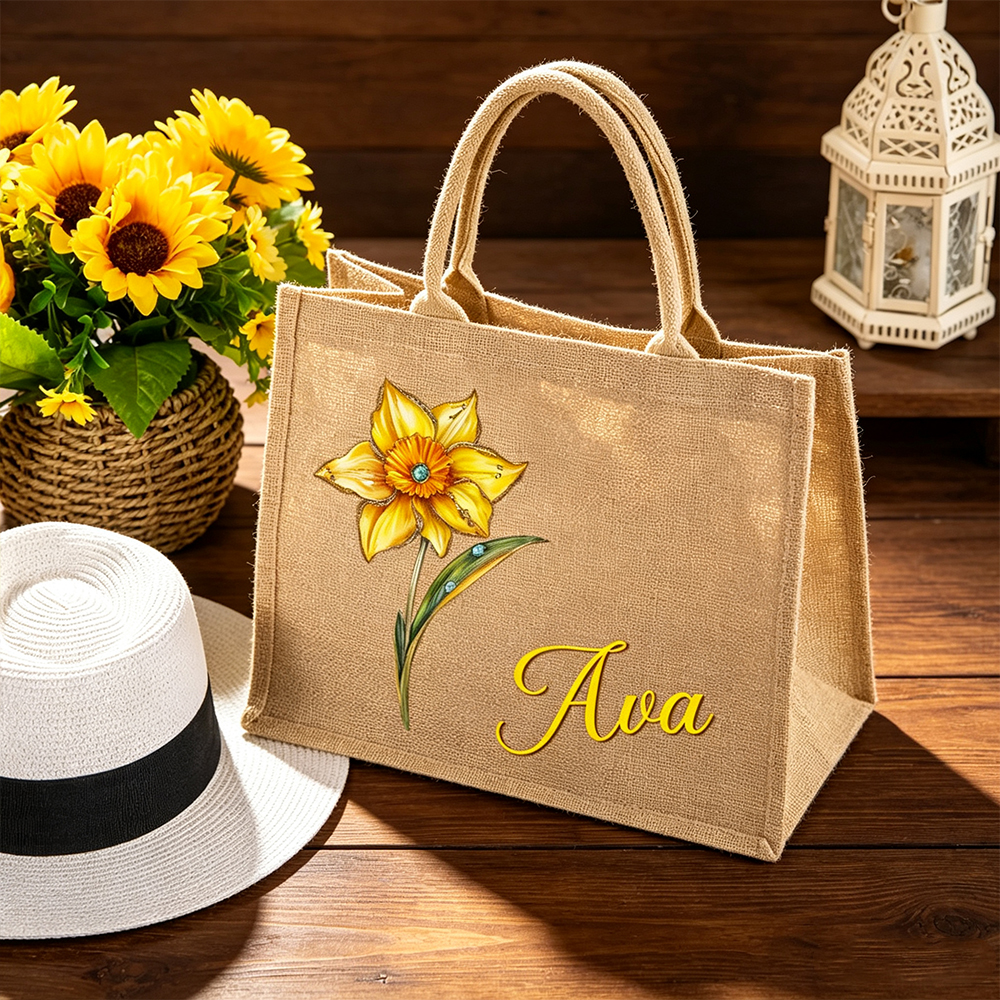Personalized Birth Flower Jute Tote Bag with Custom Name, Floral Shopping Bag, Bridesmaid and Birthday Gift for Women