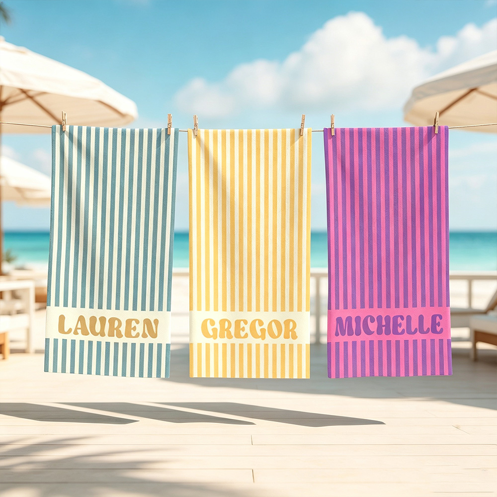 Personalized Groovy Striped Beach Towel with Name, Custom Bachelorette Party Gift for Bridesmaids