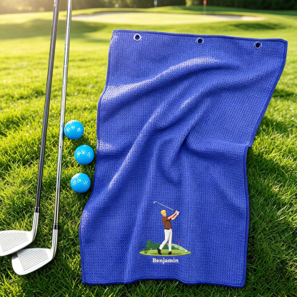 Personalized Cartoon Golf Towel with Custom Name, Embroidered Character Waffle Golf Bag Towel, Quick Dry Golf Accessories Gift for Players