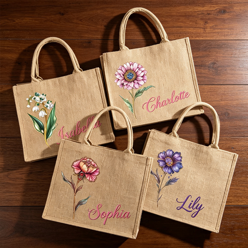 Personalized Birth Flower Jute Tote Bag with Custom Name, Floral Shopping Bag, Bridesmaid and Birthday Gift for Women