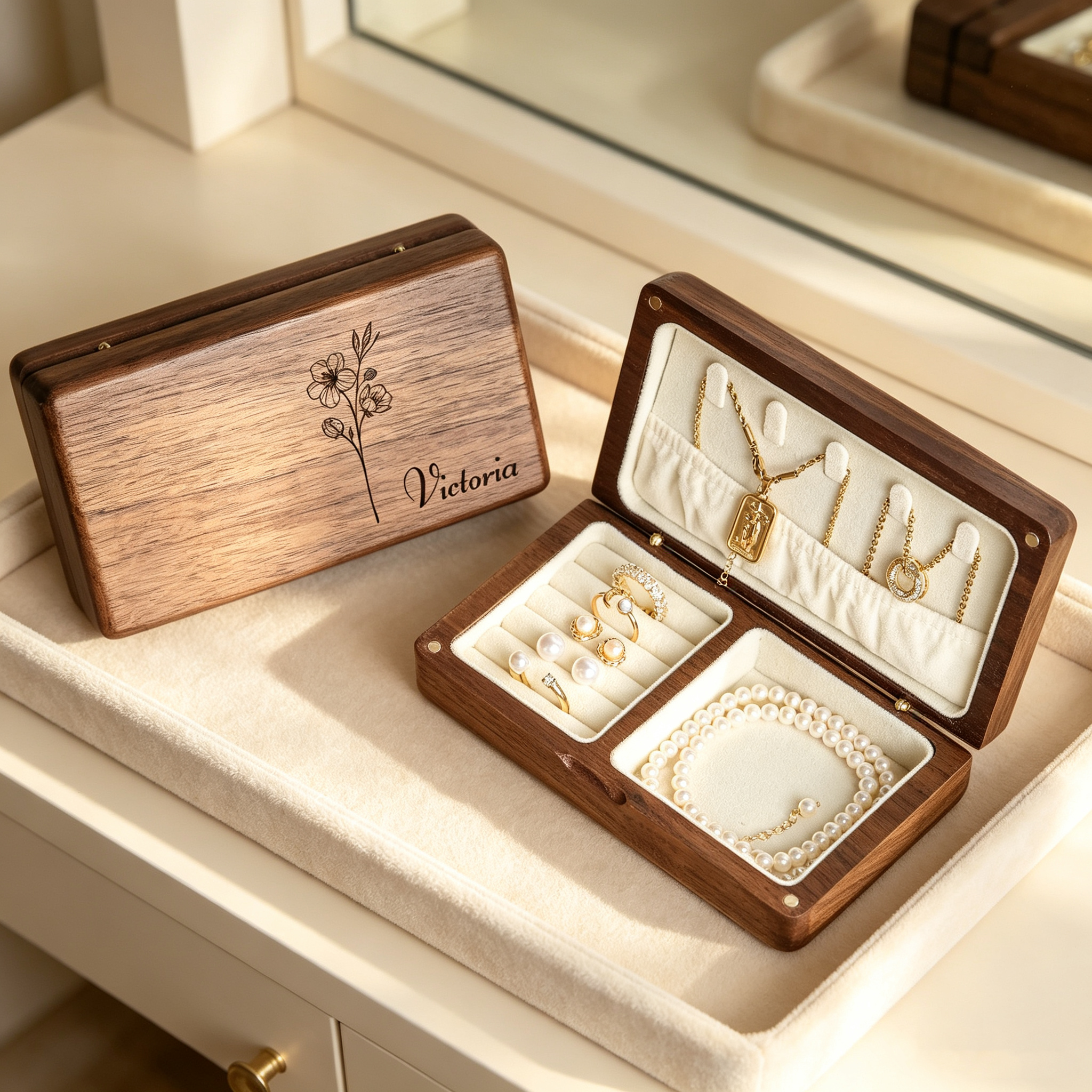 Personalized Wooden Jewelry Box, Custom Birth Flower Engraved Jewelry Organizer, Black Walnut Keepsake Box, Bridesmaid Gift, Gift for Her