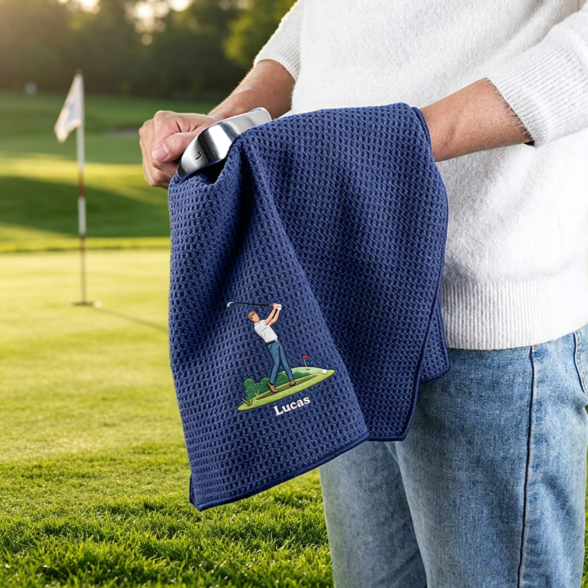 Personalized Cartoon Golf Towel with Custom Name, Embroidered Character Waffle Golf Bag Towel, Quick Dry Golf Accessories Gift for Players