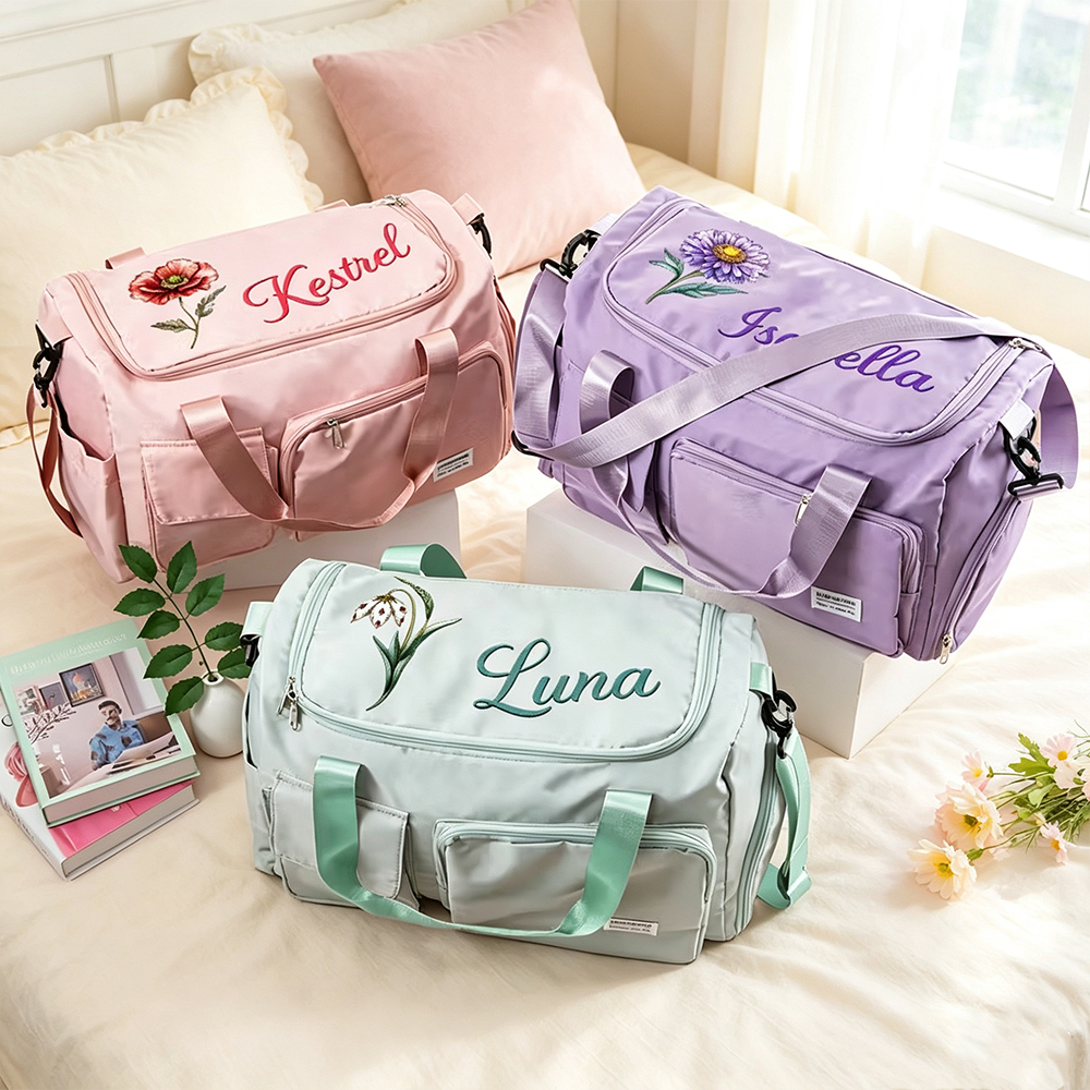 Personalized Birth Flower Travel Duffel Bag with Custom Name, Large Capacity Nylon Weekender Bag for Gym and Overnight Trips