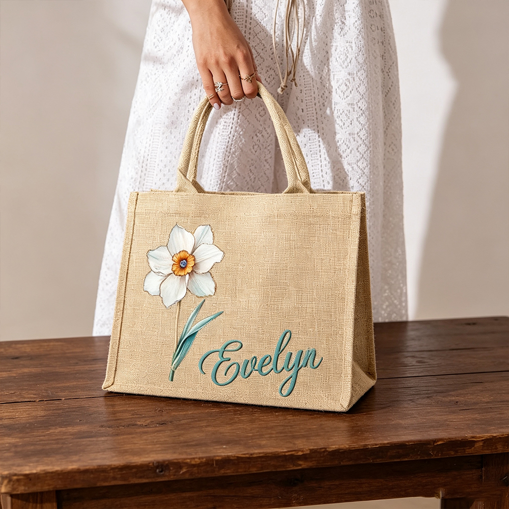 Personalized Birth Flower Jute Tote Bag with Custom Name, Floral Shopping Bag, Bridesmaid and Birthday Gift for Women