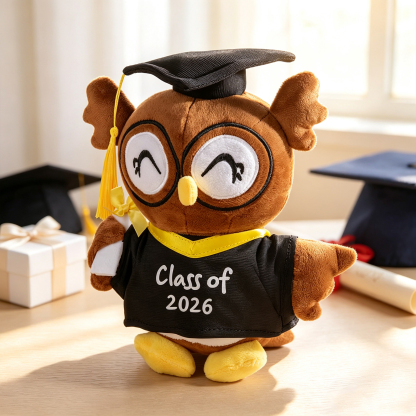 Personalized Graduation Owl Plush Toy with Custom Name and Year, Cap and Gown Keepsake Gift for Graduates