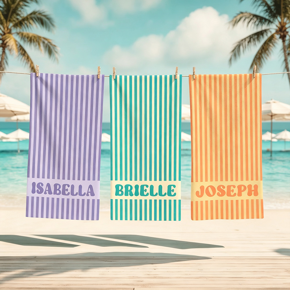 Personalized Groovy Striped Beach Towel with Name, Custom Bachelorette Party Gift for Bridesmaids