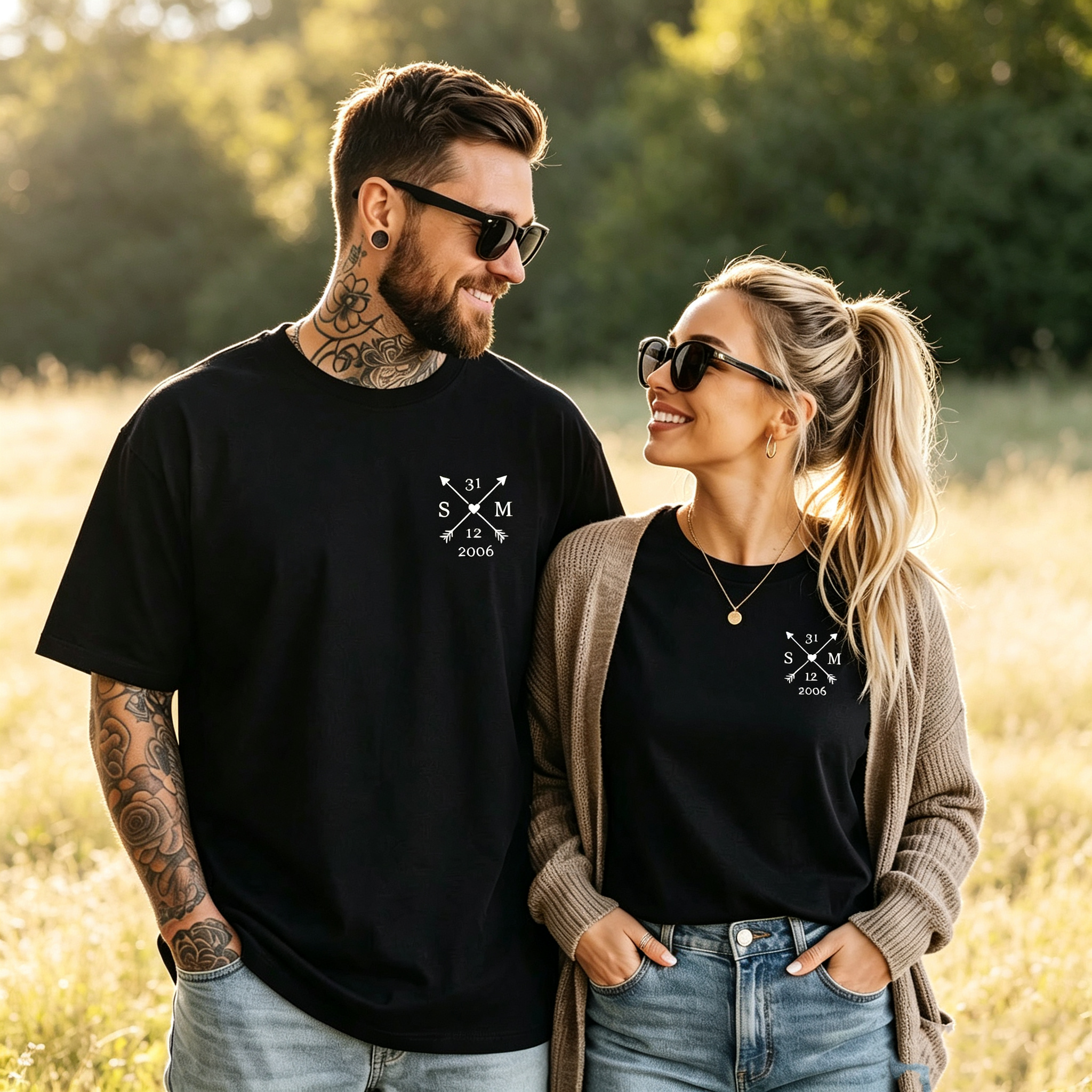 Custom Couple T-Shirt with Initials & Date - Minimalist Matching Anniversary Gift for Him & Her - Personalized Wedding or Valentine's Day Tee