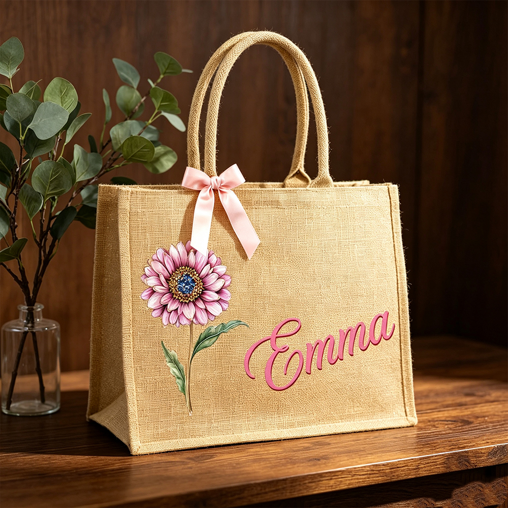 Personalized Birth Flower Jute Tote Bag with Custom Name, Floral Shopping Bag, Bridesmaid and Birthday Gift for Women